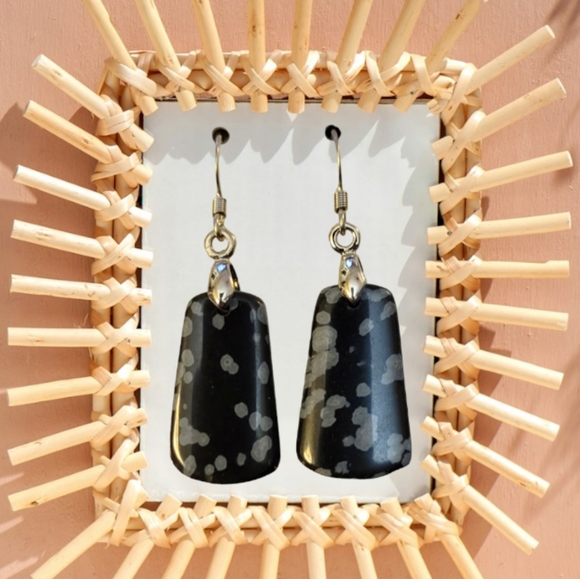 18k white gold Natural Black Snowflake Obsidian Trapezoid Stone Earrings - Picture 5 of 8